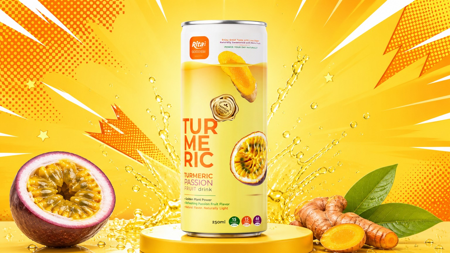 RITA Less Sugar Turmeric Passion Fruit Drink 250ml Slim Can Poster 2