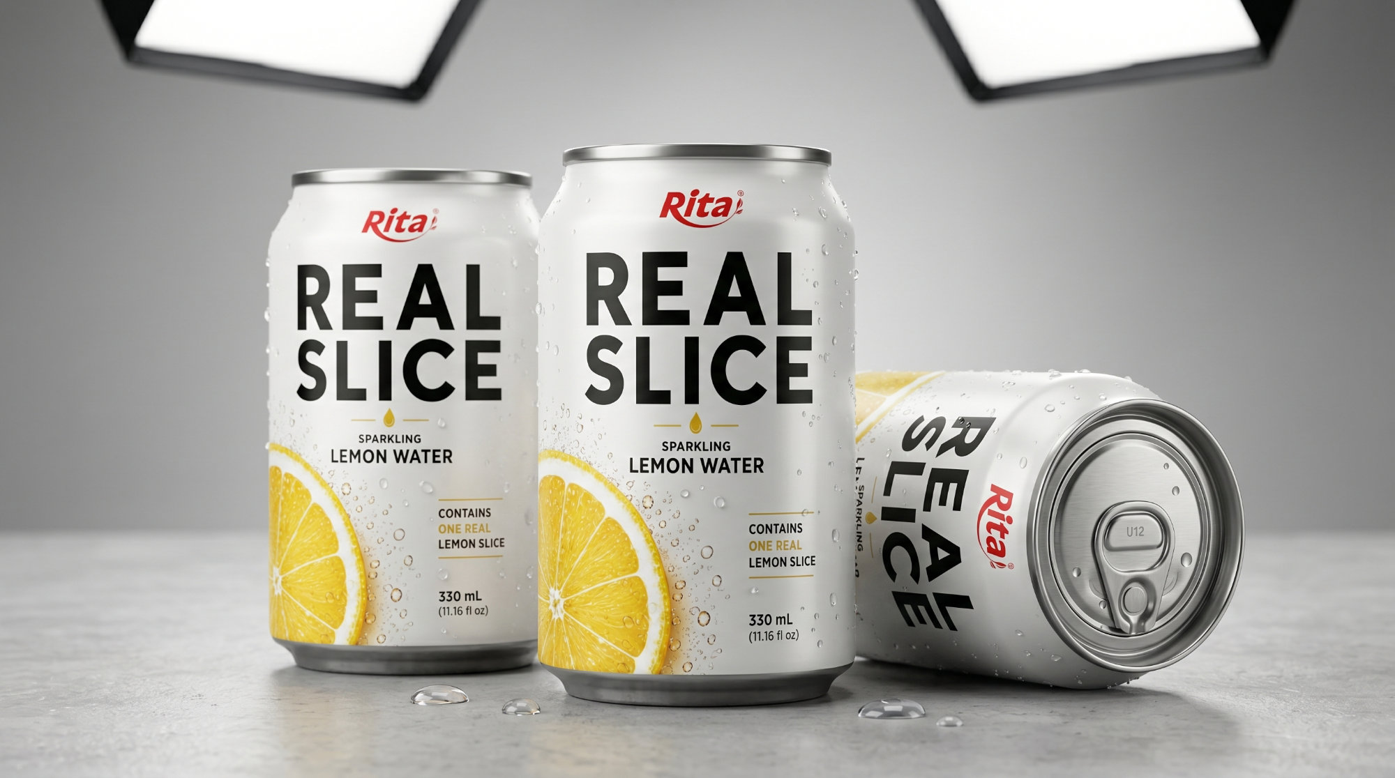 Sparkling Lemon Water with Real Fruit Slices 325ml Can Poster 1