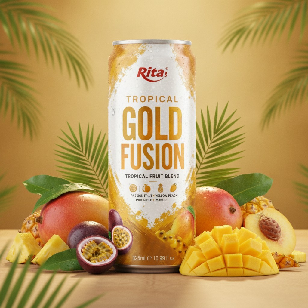 Tropical Gold Fusion fruit blend in 10.99 fl oz (325ml) cans - Premium Beverage
